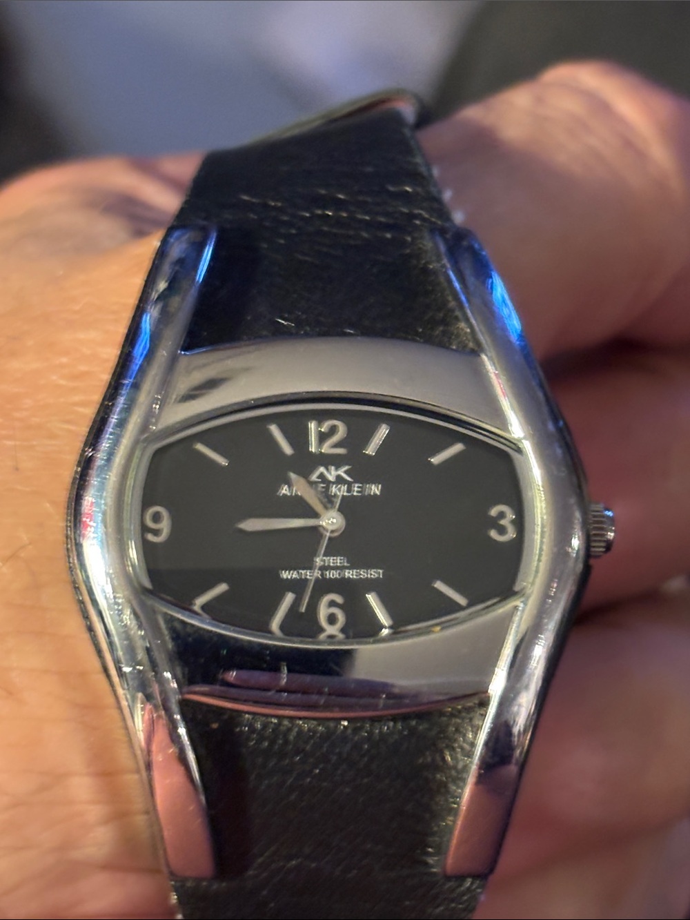 Anne Klein Black Dial Silver-Tone Case Leather Strap Watch